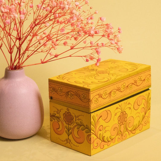 Yellow Flourished Metal Avon Box