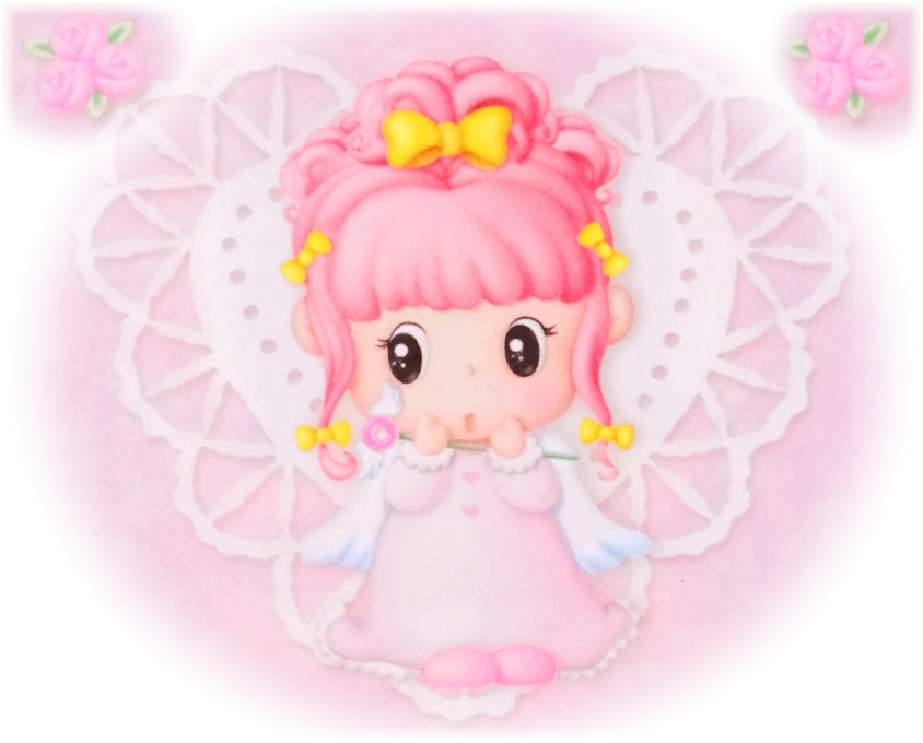 Bomi Angel with pink hair, a lace fan, and pink roses